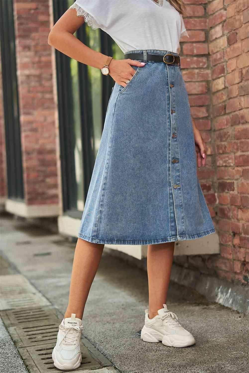 Button Front A-Line Denim Skirt for Casual Style Wear - Selvanelle