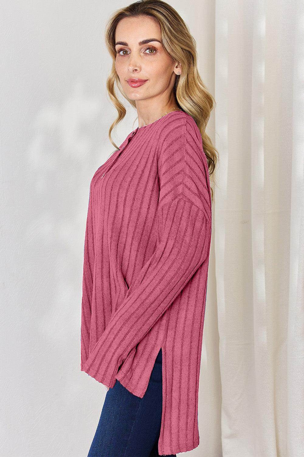 Basic Bae Full Size Ribbed Half Button Long Sleeve T-Shirt - Selvanelle