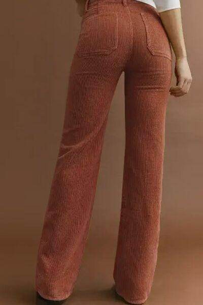 High Waist Square Pockets Corduroy Pants for Women - Selvanelle