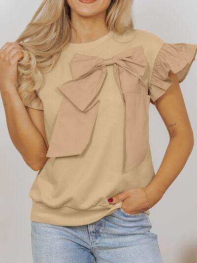 Bow Ruffled Round Neck Cap Sleeve Blouse for Women - Selvanelle