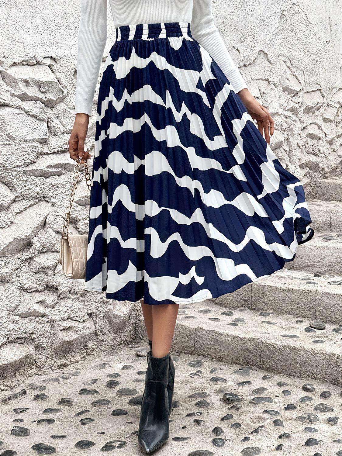Pleated Printed Elastic Waist Skirt for Women in Various Sizes - Selvanelle