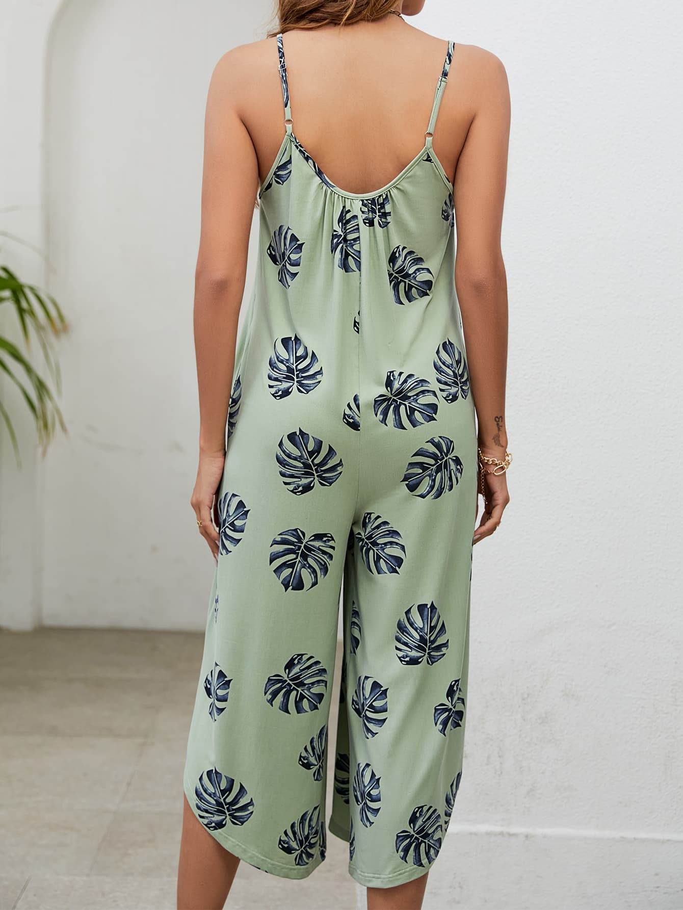 Botanical Print Spaghetti Strap Scoop Neck Jumpsuit - Selvanelle