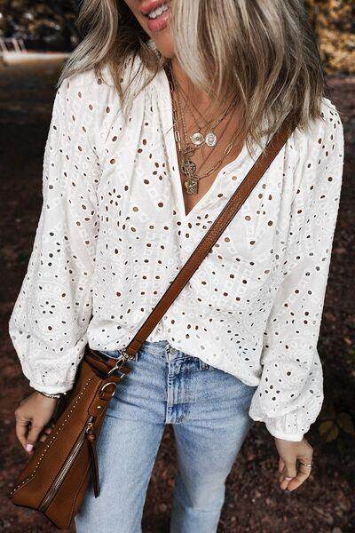 Eyelet V-Neck Long Sleeve Blouse for Stylish Comfort - Selvanelle