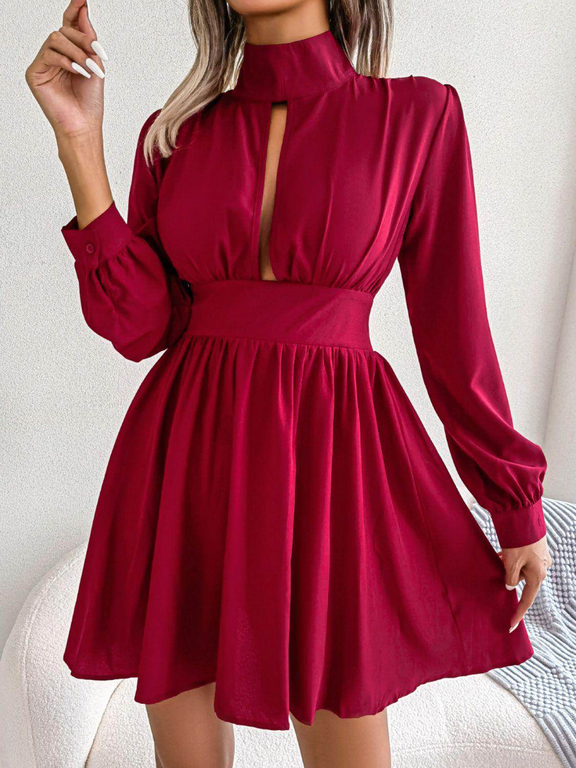 Cutout Turtleneck A-Line Mini Dress for Casual Wear - Selvanelle