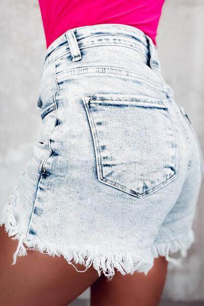 Raw Hem Buttoned Denim Shorts with Pockets for Women - Selvanelle