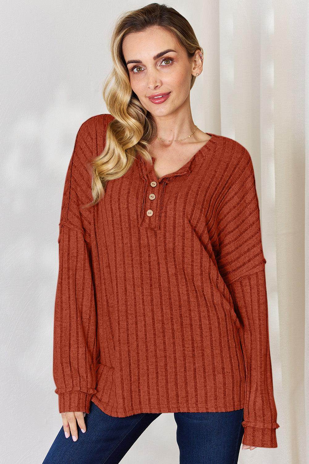 Basic Bae Full Size Ribbed Half Button Long Sleeve T-Shirt - Selvanelle