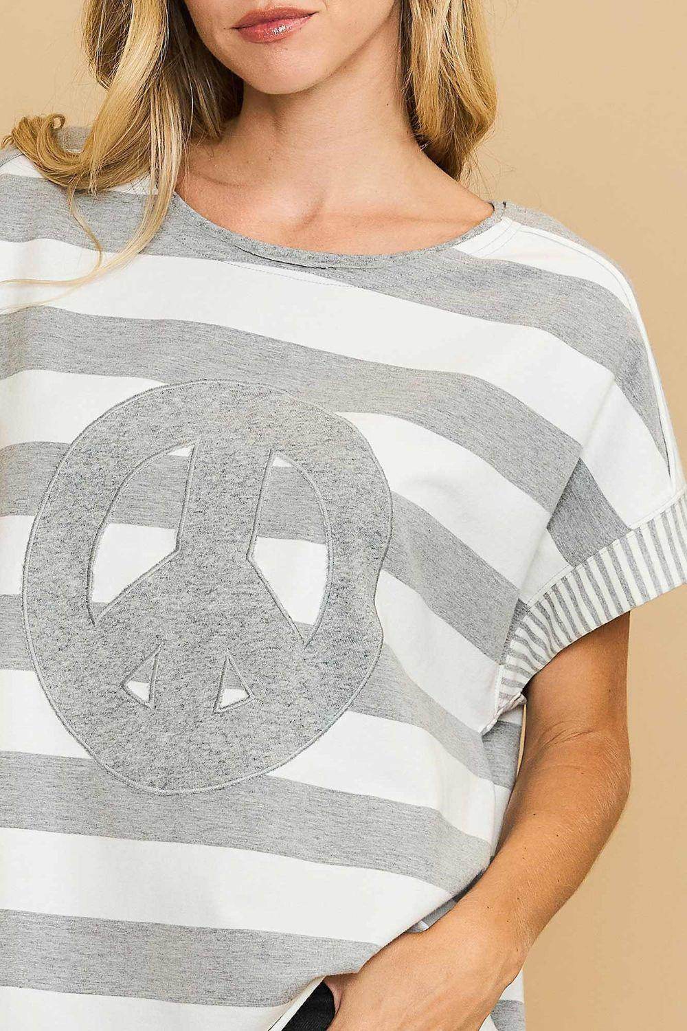 Umgee Peace Sign Patch Striped French Terry T-Shirt for Women - Selvanelle