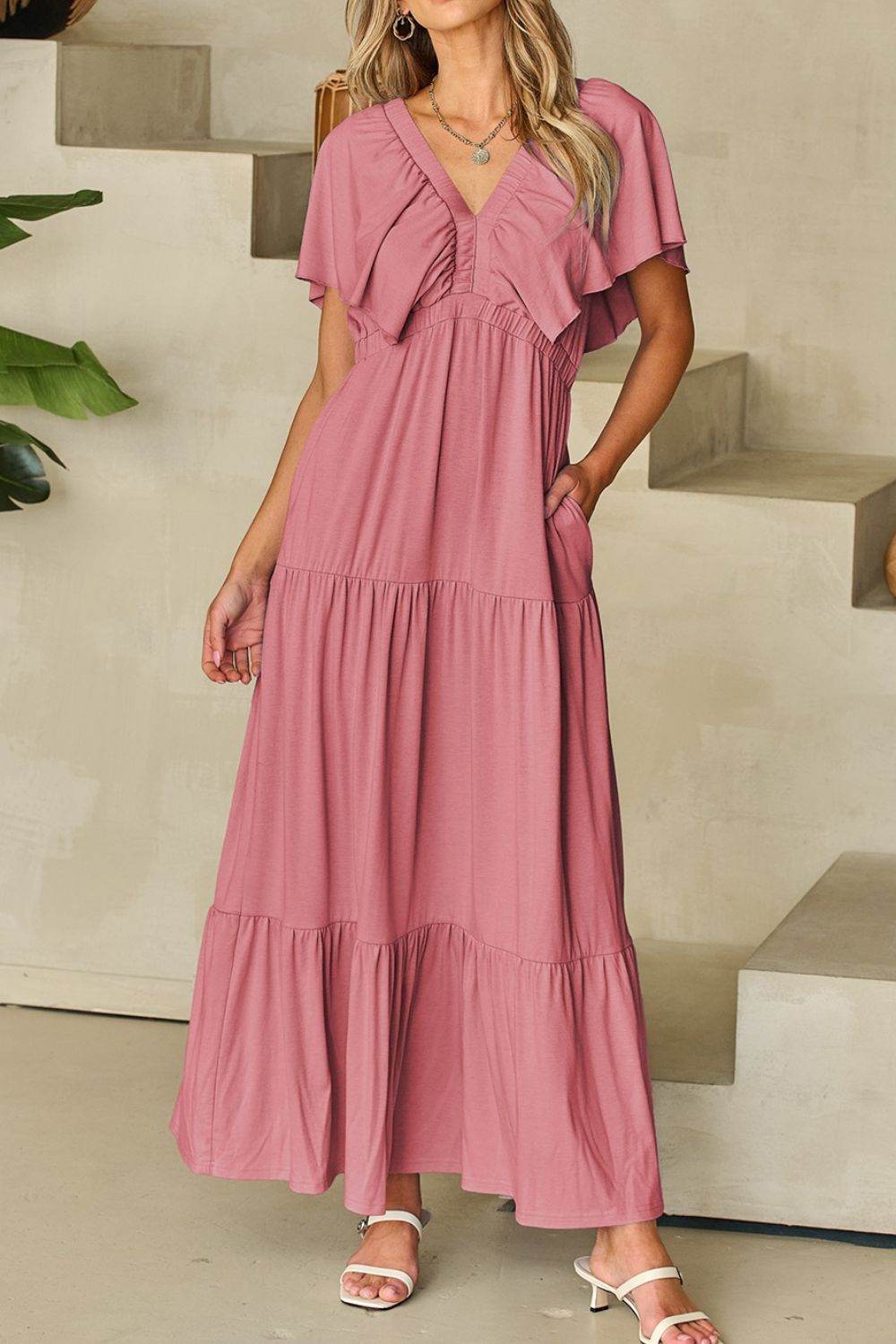 Ruffled V Neck Flutter Sleeve Maxi Dress - Selvanelle