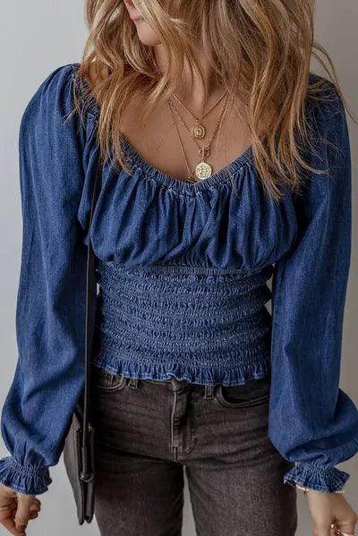 Smocked Long Sleeve Denim Top for Women Stylish Casual Wear - Selvanelle