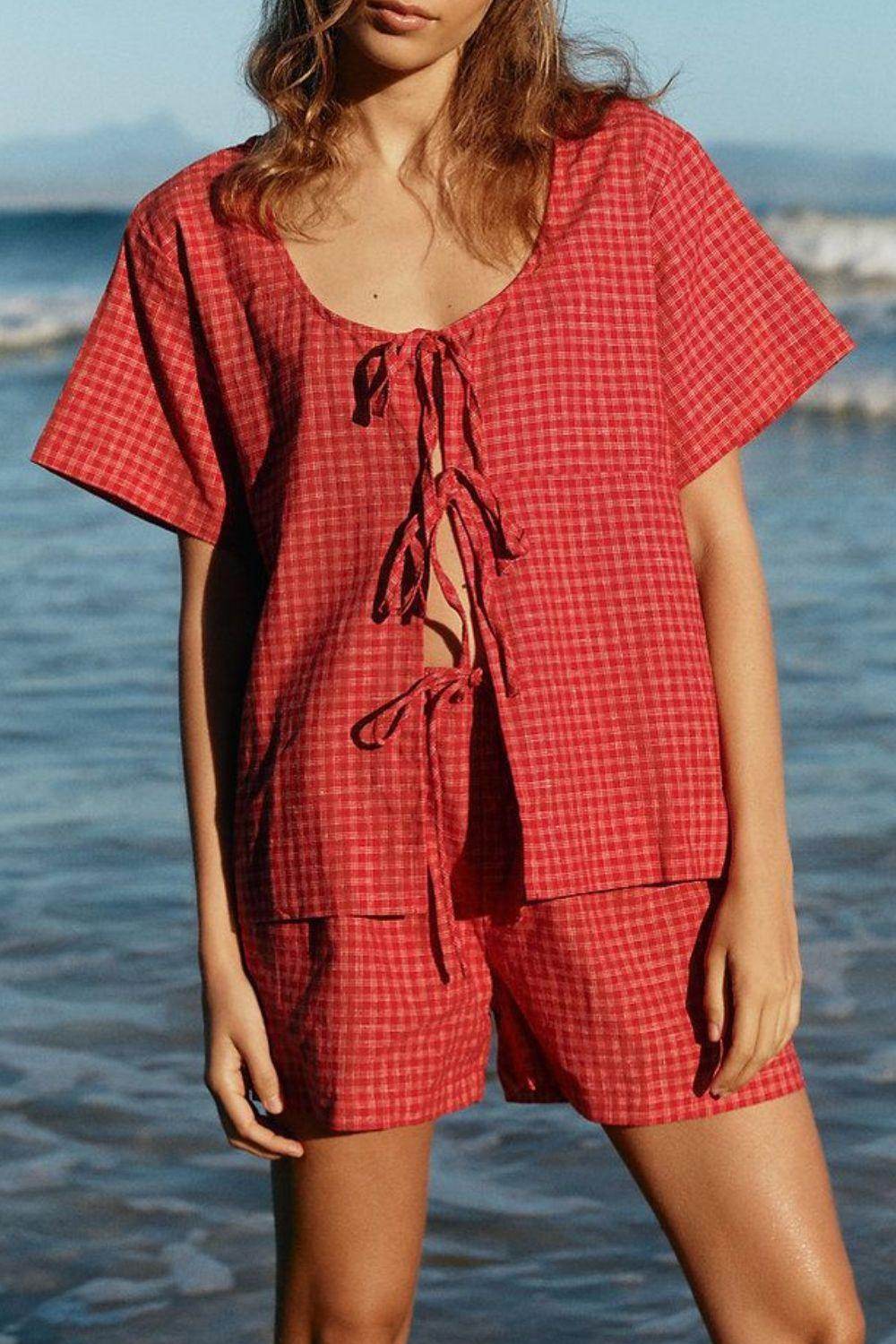 Plaid Tied Scoop Neck Short Sleeve Top and Drawstring Shorts Set - Selvanelle