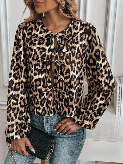 Tied Leopard Round Neck Long Sleeve Top for Women - Selvanelle