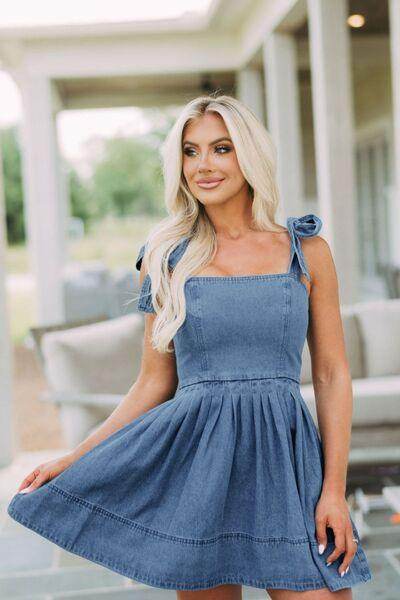 Square Neck Tie Shoulder Denim Dress for Women Fashion - Selvanelle