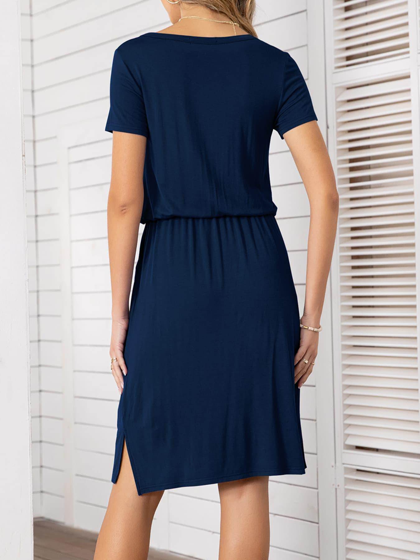 Round Neck Short Sleeve Slit Dress with Pockets for Women - Selvanelle