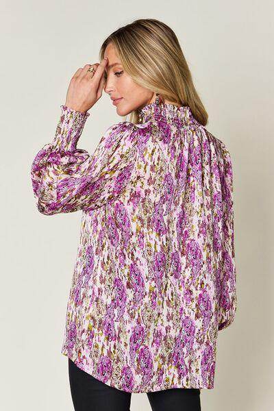 Double Take Full Size Printed Smocked Long Sleeve Blouse - Selvanelle