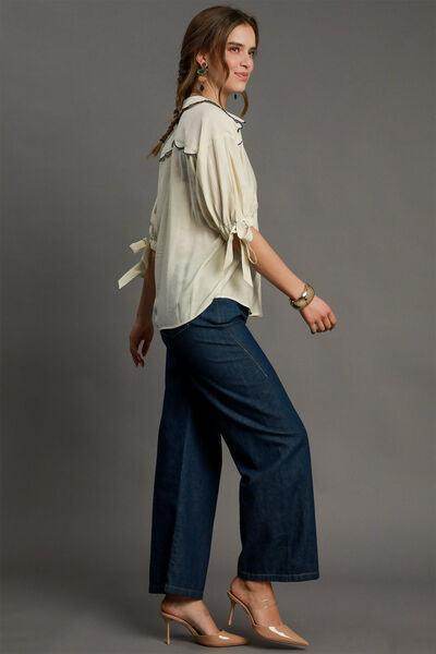 Umgee Full Size Embroidered Detail Button Down Shirt Plus Size - Selvanelle