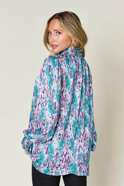 Double Take Full Size Printed Smocked Long Sleeve Blouse - Selvanelle