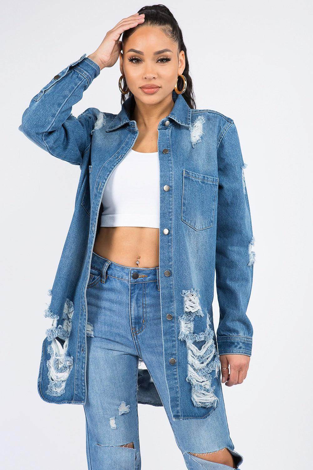 American Bazi Distressed Button Down Denim Shirt Jacket - Selvanelle
