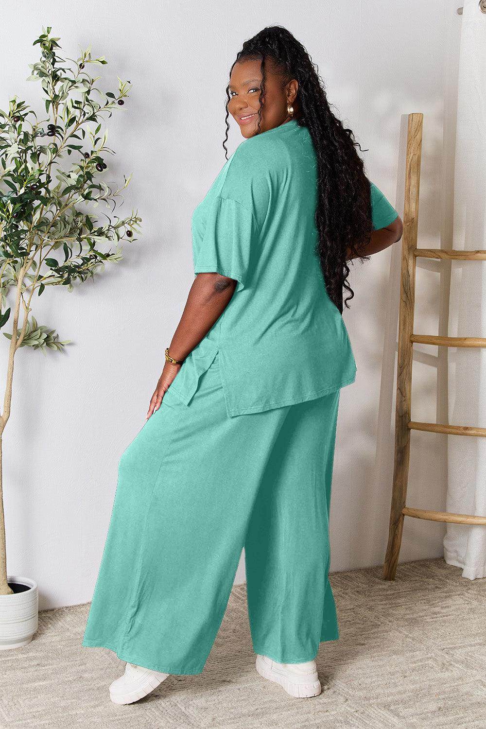 Double Take Full Size Round Neck Slit Top and Pants Set - Selvanelle