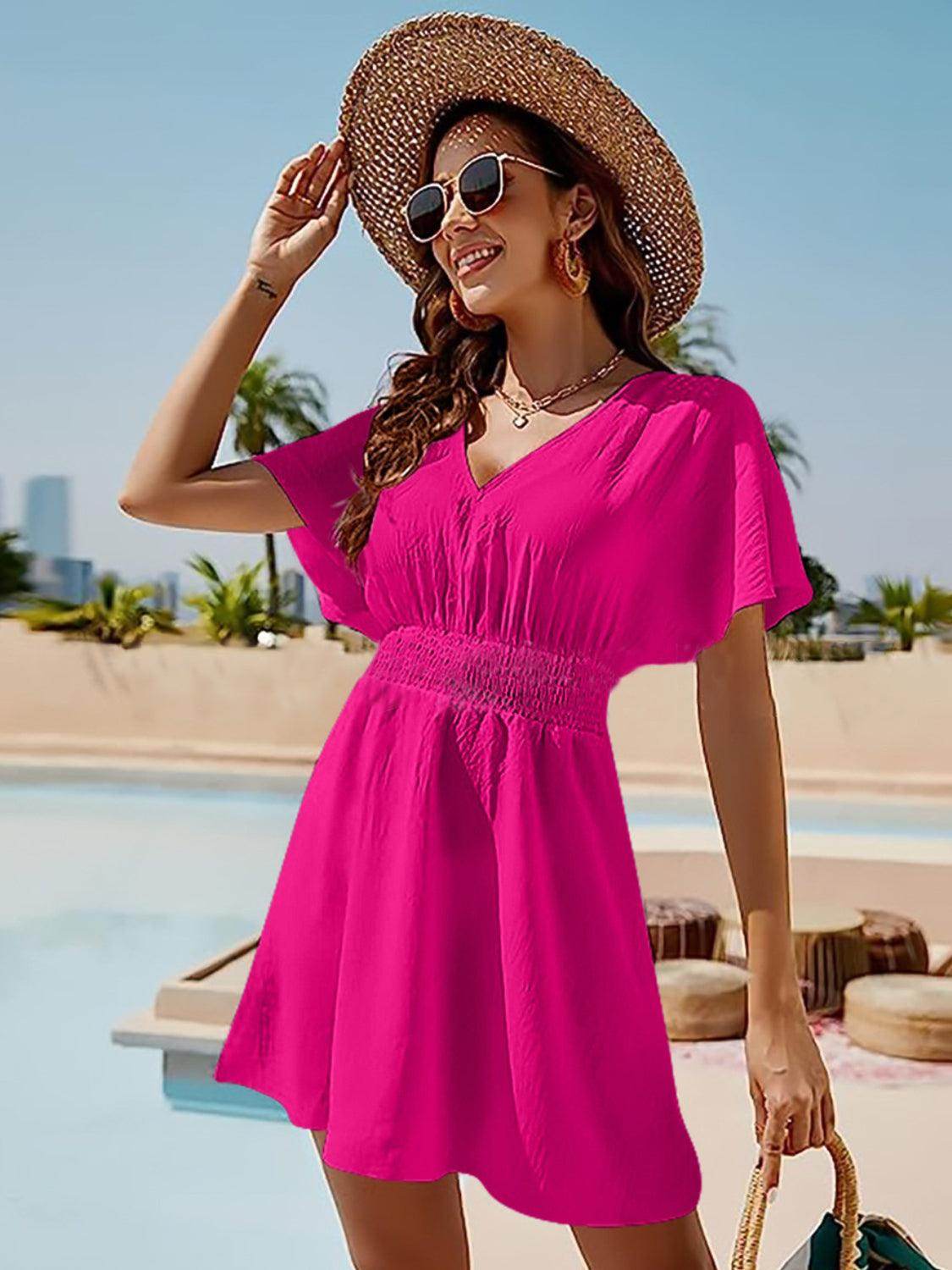 Smocked V-Neck Short Sleeve Dress for Effortless Style - Selvanelle