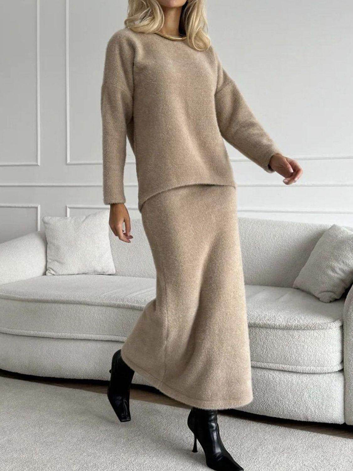 Round Neck Dropped Shoulder Top and Midi Skirt Sweater Set - Selvanelle