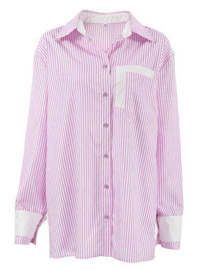 Striped Collared Neck Long Sleeve Shirt for Stylish Comfort - Selvanelle