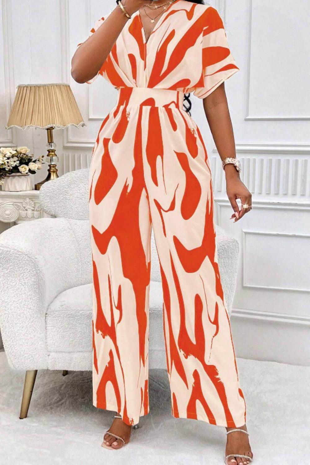 Printed V-Neck Short Sleeve Wide Leg Jumpsuit for Women - Selvanelle