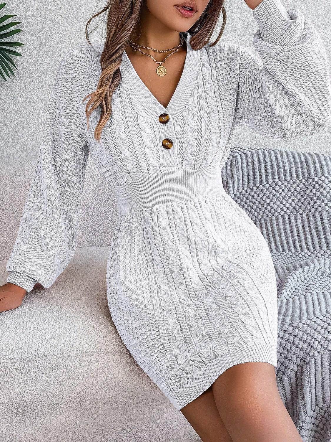 Buttoned Cable-Knit V-Neck Sweater Dress for Women - Selvanelle