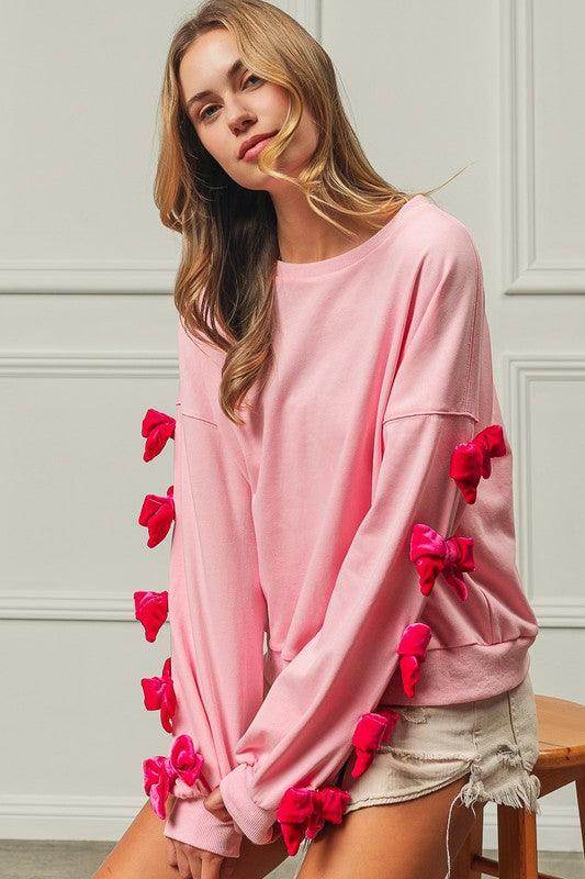 BiBi Velvet Ribbon Bows Long Sleeve Round Neck Sweatshirt - Selvanelle