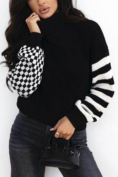 Striped & Checkered Turtleneck Dropped Shoulder Sweater - Selvanelle