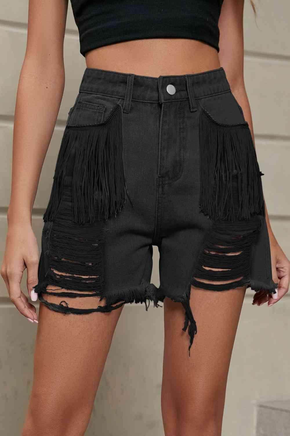 Fringe Trim Distressed Denim Shorts with Pockets for Women - Selvanelle