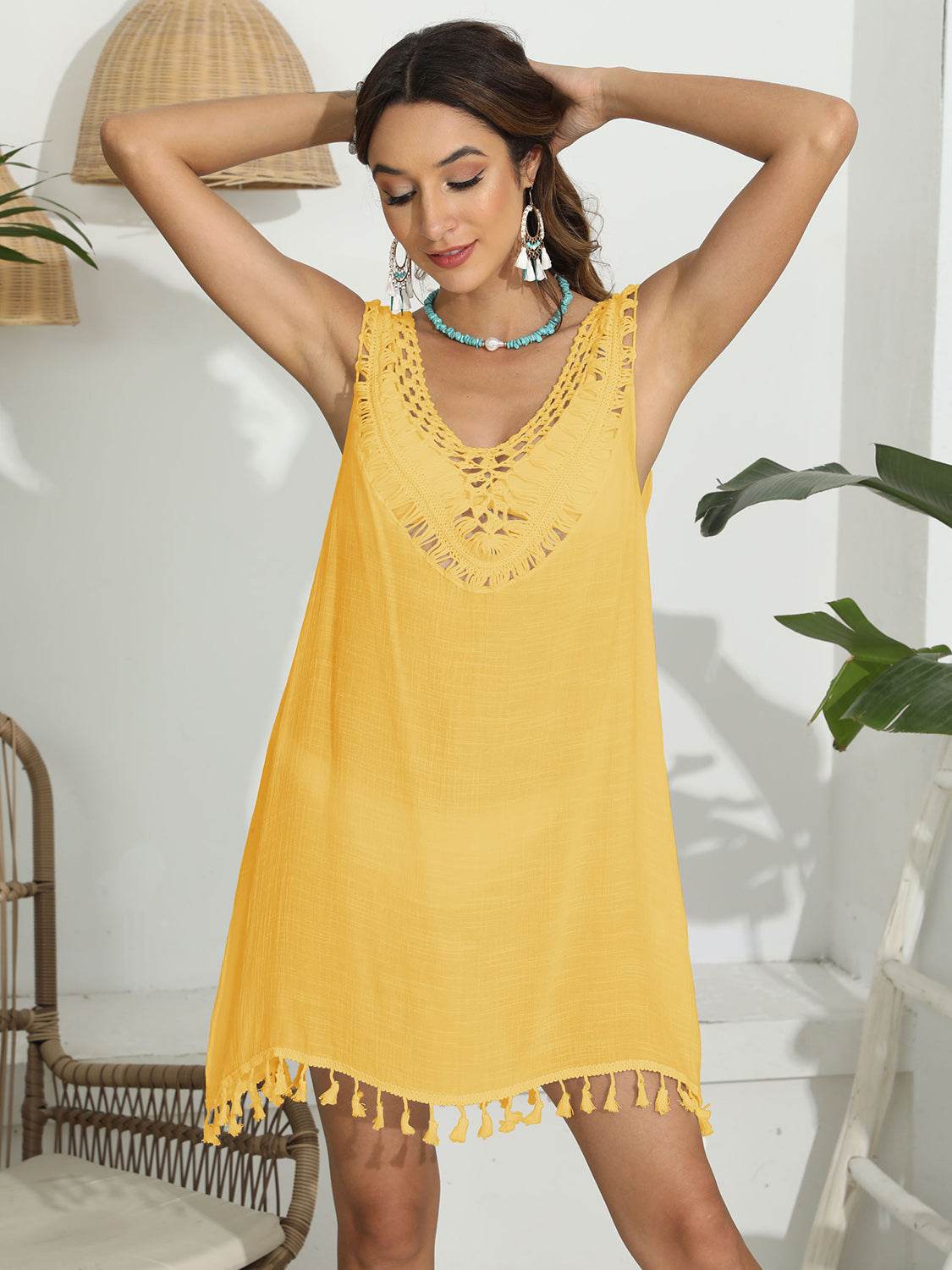 Tassel Scoop Neck Wide Strap Cover-Up - Selvanelle