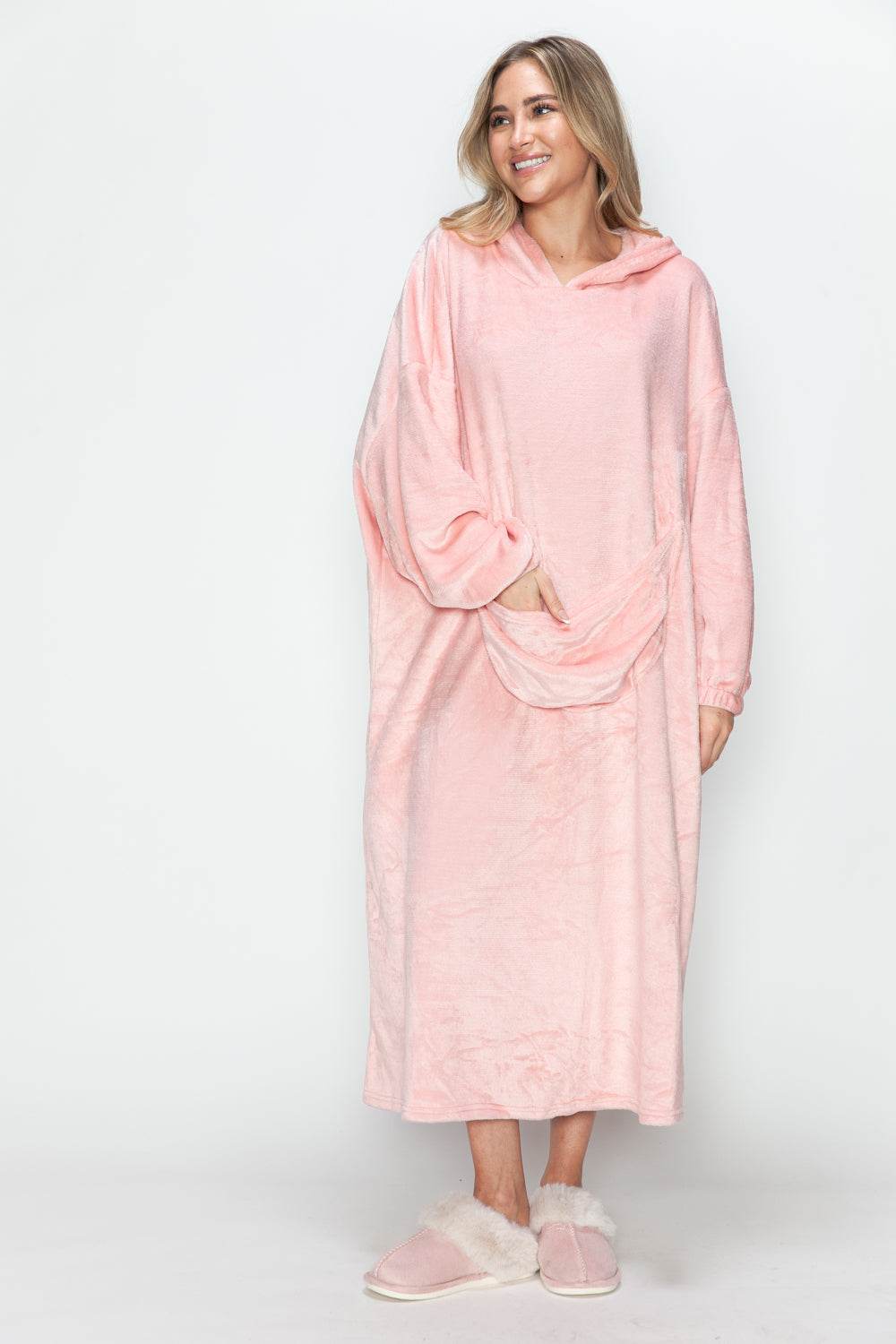 Double Take Full Size Pocketed Hooded Midi Lounge Dress - Selvanelle