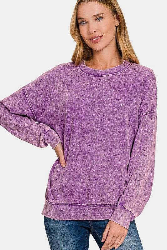 Zenana Washed Round Neck Dropped Shoulder Sweatshirt for Women - Selvanelle
