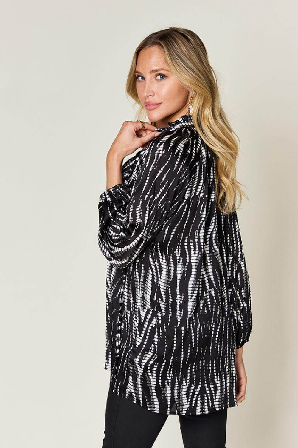 Double Take Full Size Printed Button Up Long Sleeve Shirt - Selvanelle