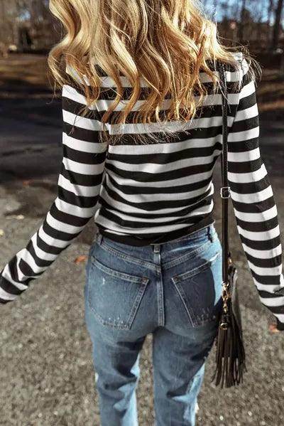 Striped Turtleneck Long Sleeve Knit Top for Women Fashion - Selvanelle