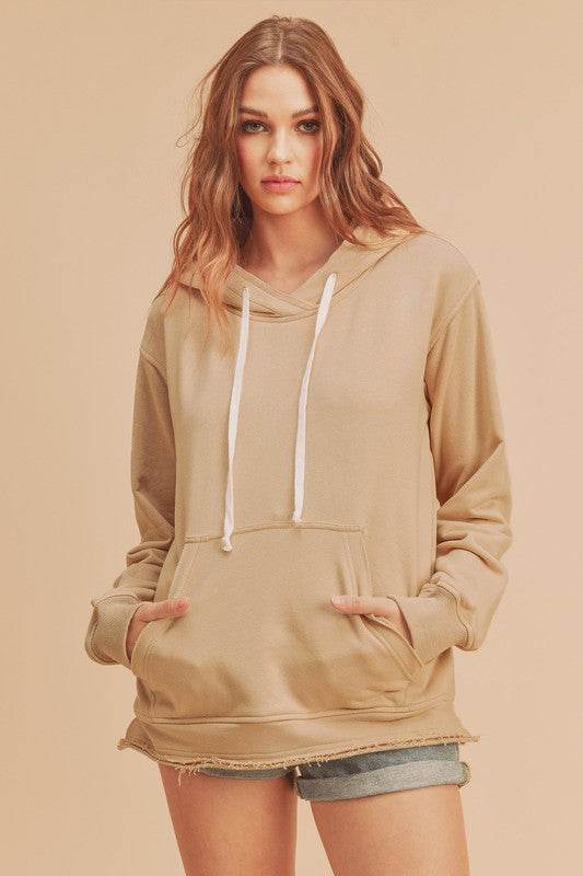 Aemi + Co Raw Hem Kangaroo Pocketed Drawstring Hoodie - Selvanelle