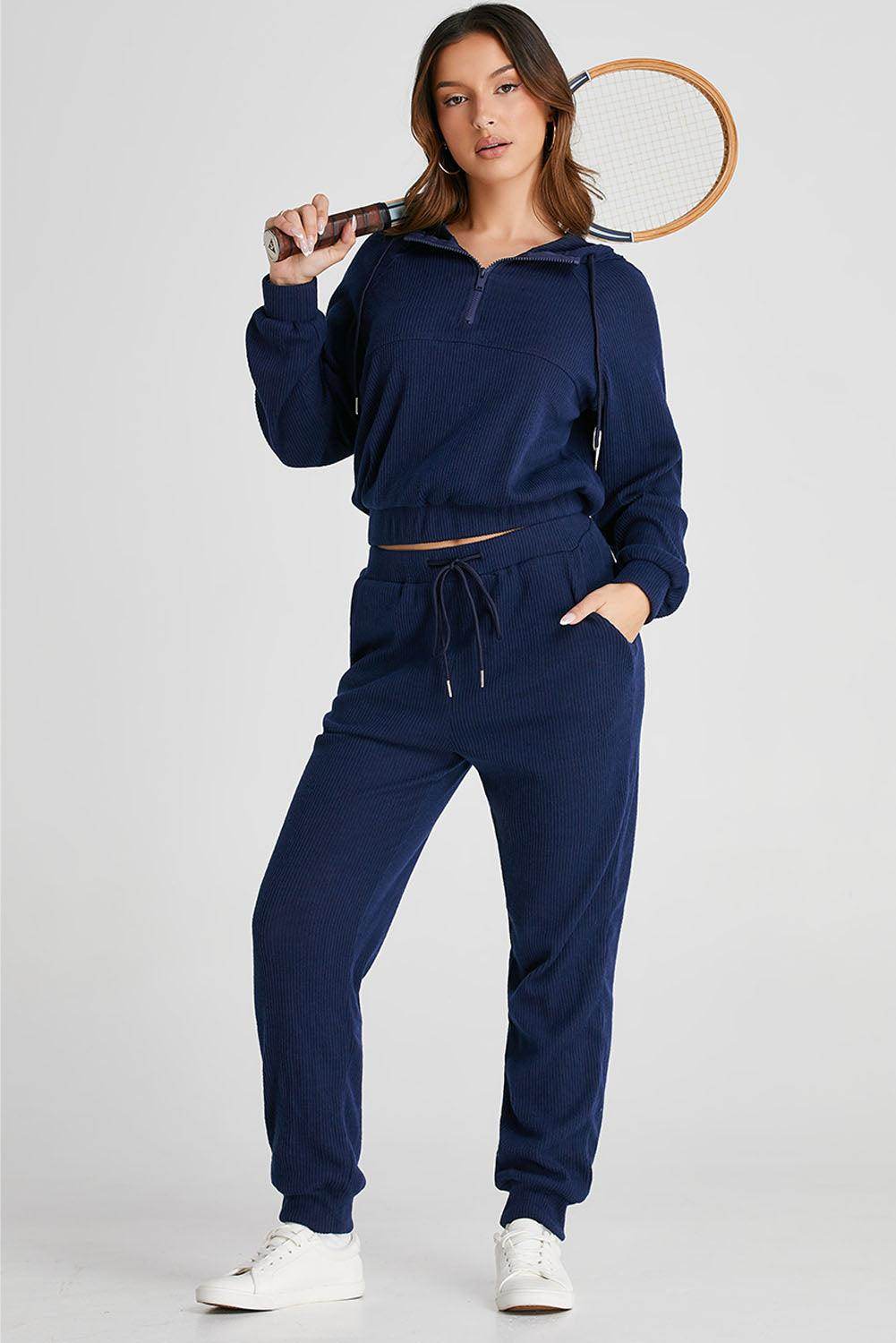 Drawstring Half Zip Hoodie and Joggers Active Set for Women - Selvanelle