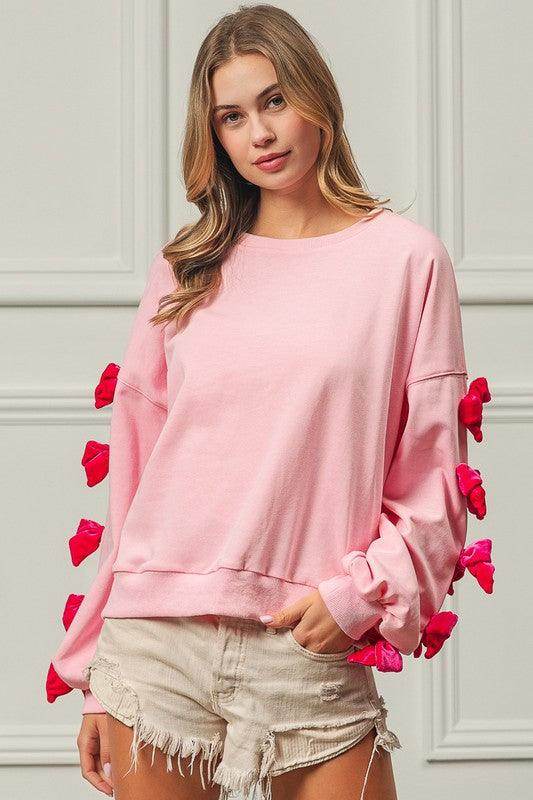 BiBi Velvet Ribbon Bows Long Sleeve Round Neck Sweatshirt - Selvanelle