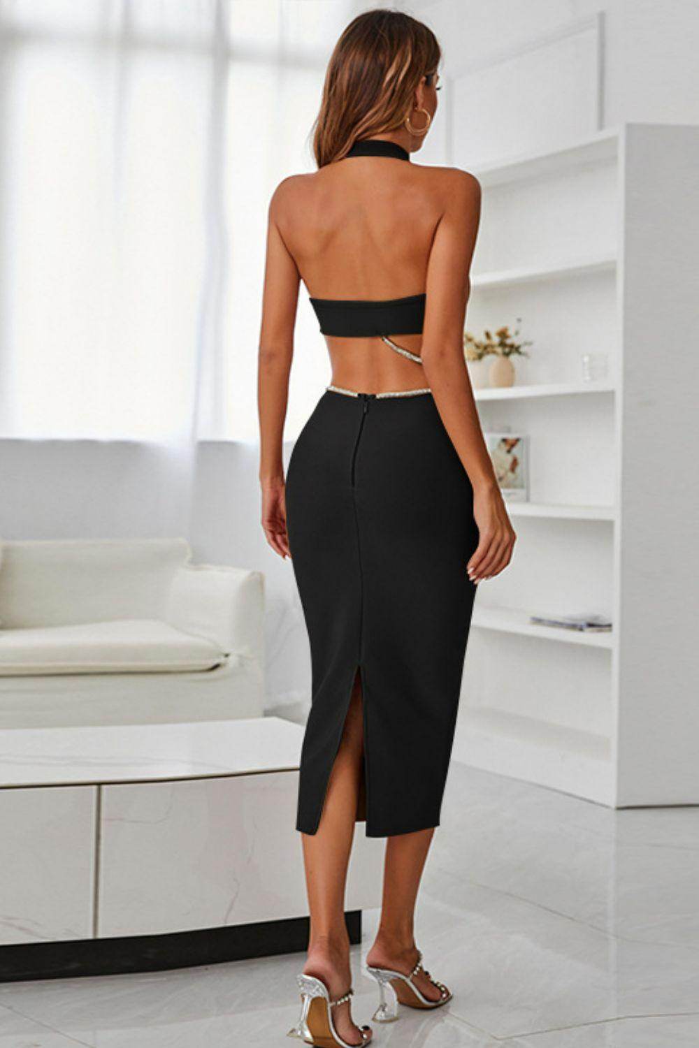 Rhinestone Halter Neck Cutout Slit Midi Dress for Women - Selvanelle