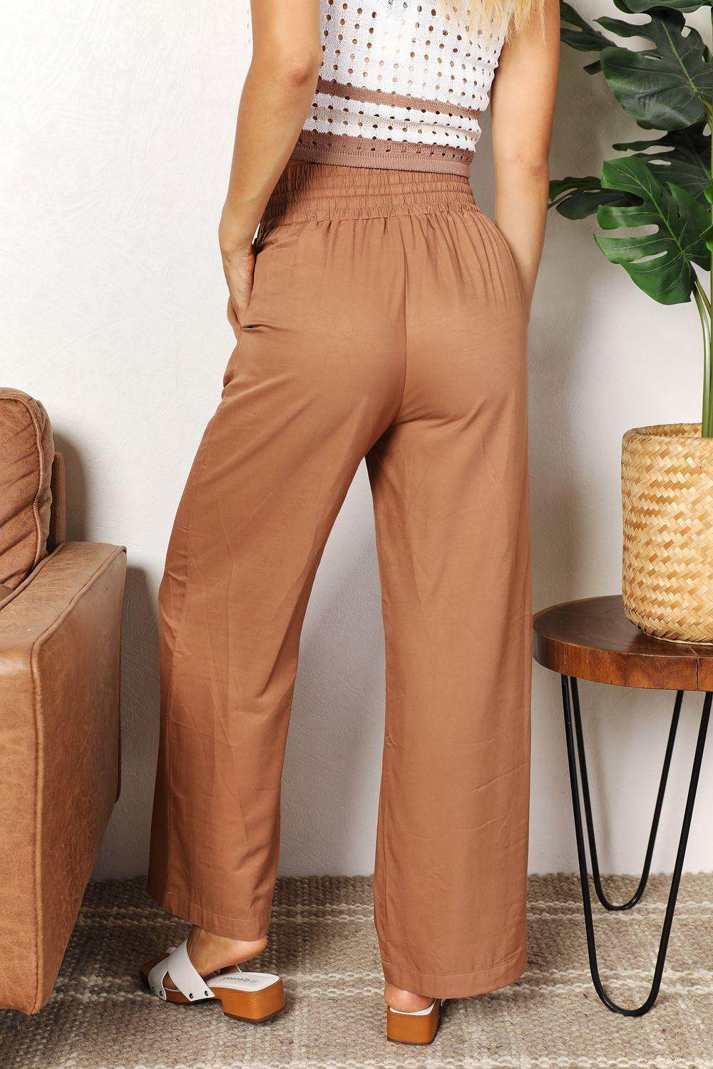 Double Take Drawstring Smocked Waist Wide Leg Pants for Women - Selvanelle