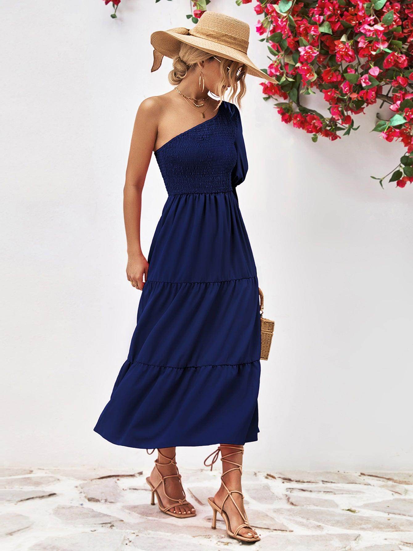 Chic Smocked One-Shoulder Midi Dress for Elegant Style - Selvanelle