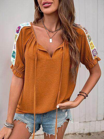 Perfee Tied Crochet Detail Short Sleeve Blouse for Women - Selvanelle