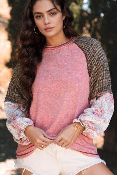 Plaid Floral Patchwork Round Neck Long Sleeve Top for Women - Selvanelle