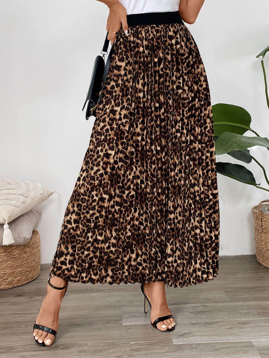 Perfee Pleated Leopard Maxi Skirt for Women Fashion Style - Selvanelle