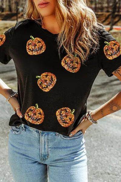 Sequin Pumpkin Round Neck Short Sleeve T-Shirt for Women - Selvanelle