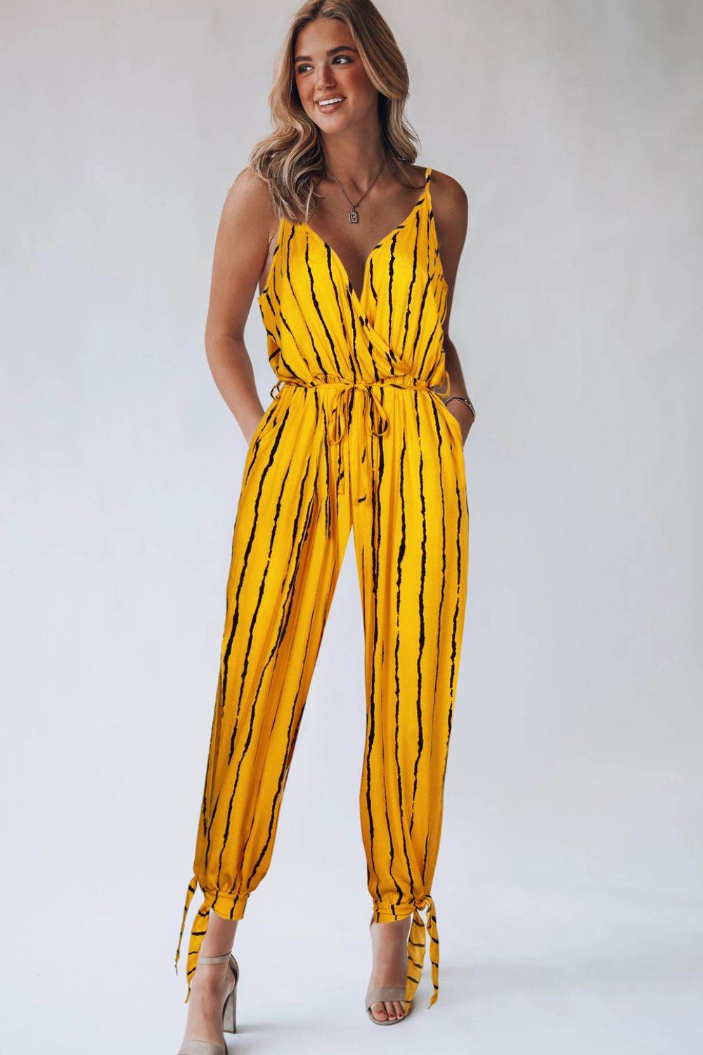 Striped Contrast Tie Ankle Spaghetti Strap Jumpsuit - Selvanelle
