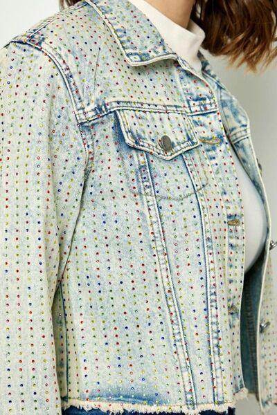 Veveret Multi Color Stripe Rhinestone Raw Hem Denim Jacket - Selvanelle