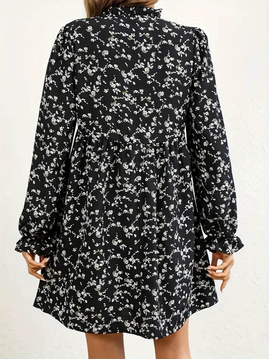 Ditsy Floral Notched Flounce Sleeve Dress - Selvanelle