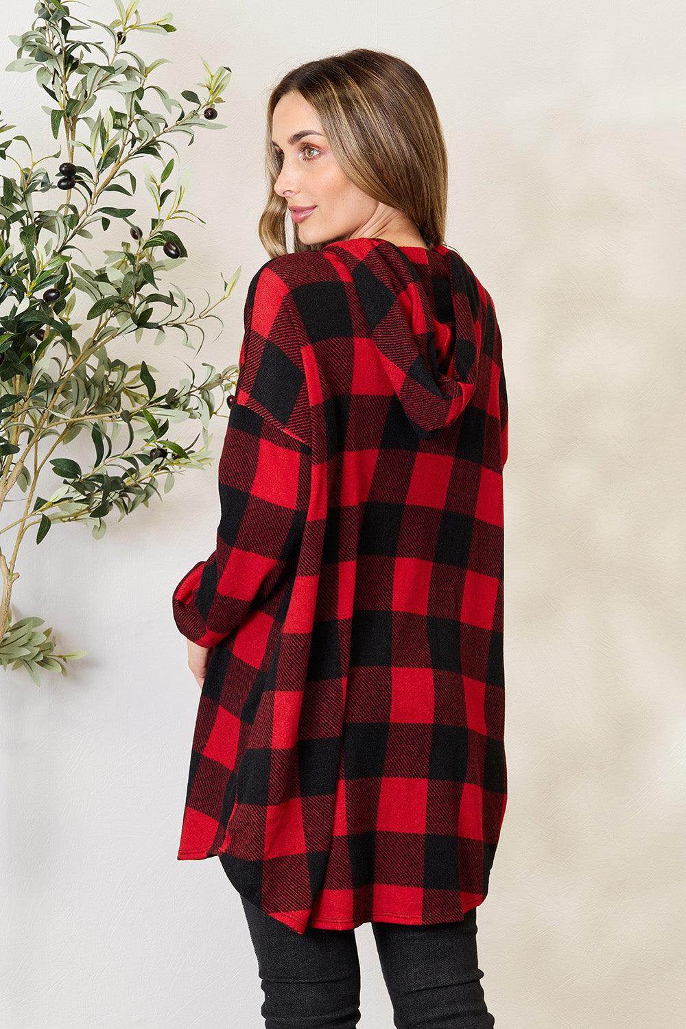 Heimish Full Size Plaid Button Front Hooded Shirt for Women - Selvanelle