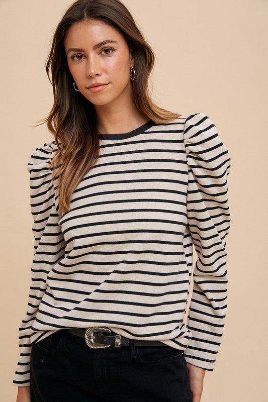 Annie Wear Striped Round Neck Puff Sleeve Top for Women - Selvanelle
